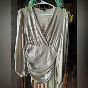Express Shimmering Silver Dress w Rutched Sides and Dramatic Sleeves EUC